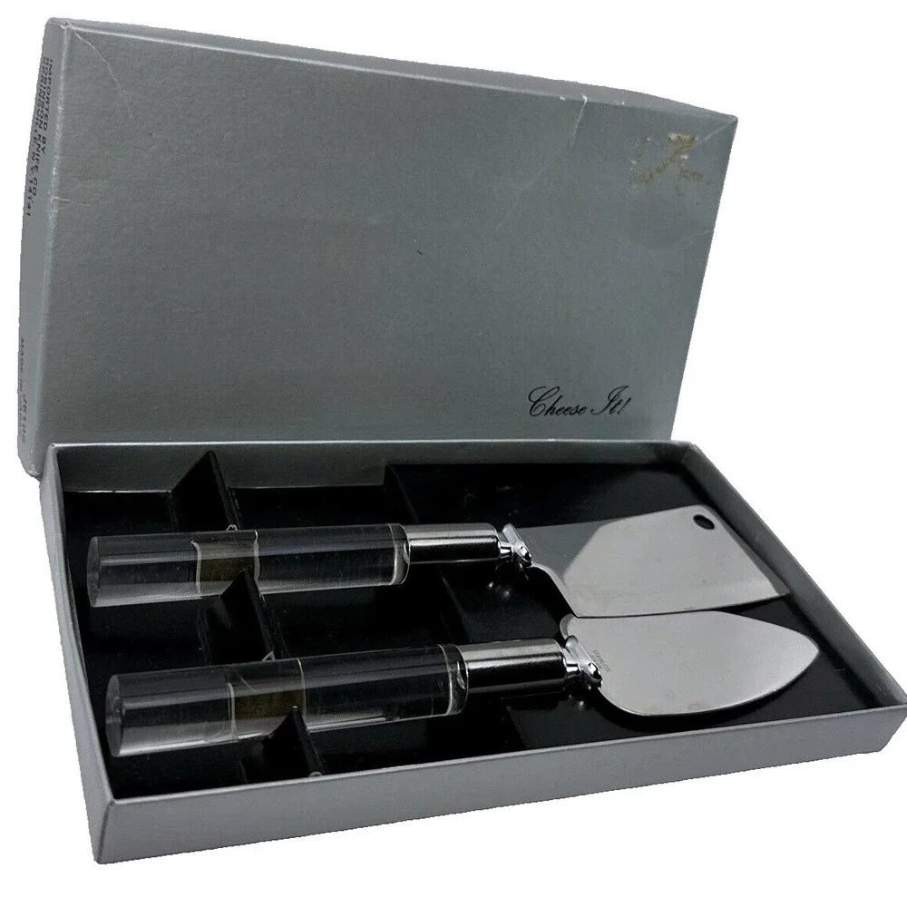 Cheese Knife Set Stainless Steel Acrylic Handle 2 Pc Slicer Spreader‎ Boxed